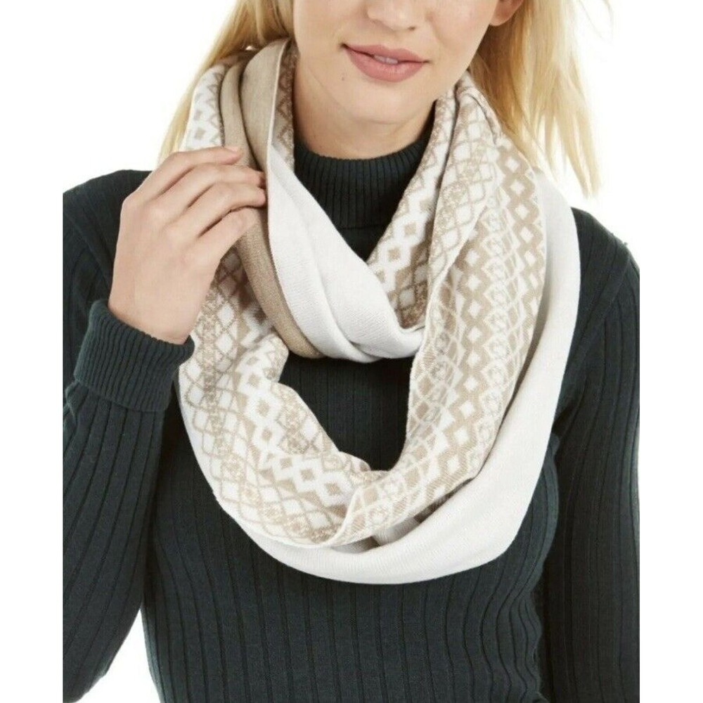 Calvin Klein scarf Reversible Infinity Cowl Loop Ivory‎ Tan Fair Isle Geo Casual